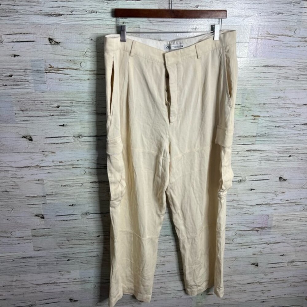 Zara Baggy Wide Leg High-Rise Cargo Pants cream Trousers Size xxl